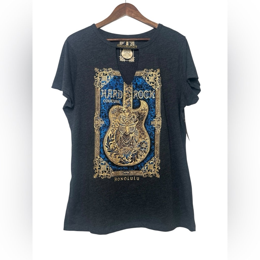 NWT Hard Rock Couture Honolulu Gray Graphic-Tee Metallic Gold & Blue Graphic XXL